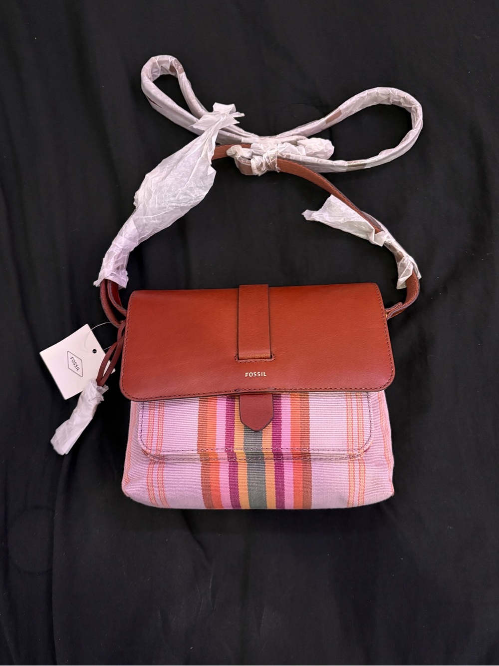 Fossil Pink Stripe Canvas Crossbody with Brown Leather Flap